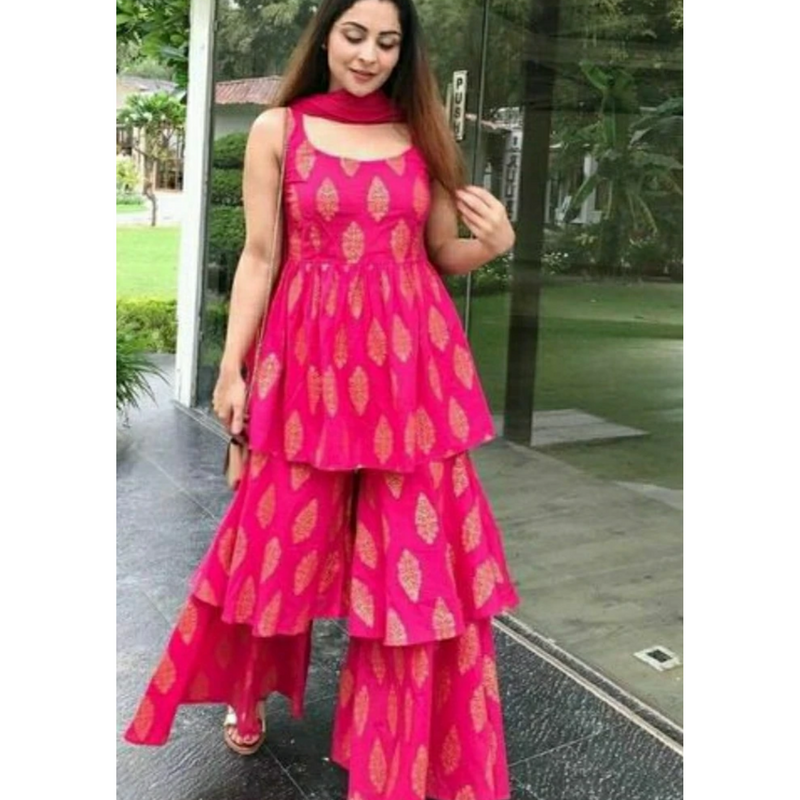 Pink Printed Kurta Sharara Suit Set ...